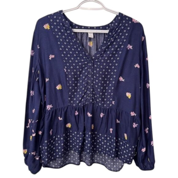 Old Navy navy blue button front mixed print poet blouse size M - Picture 2 of 6